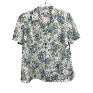 Vtg Sheer Floral Lace Top Button Up 16W Blue Green Pastel Cottagecore Romantic
